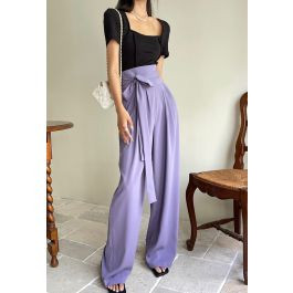 Bowknot High Waist Wide-Leg Pants in Lilac | Chicwish