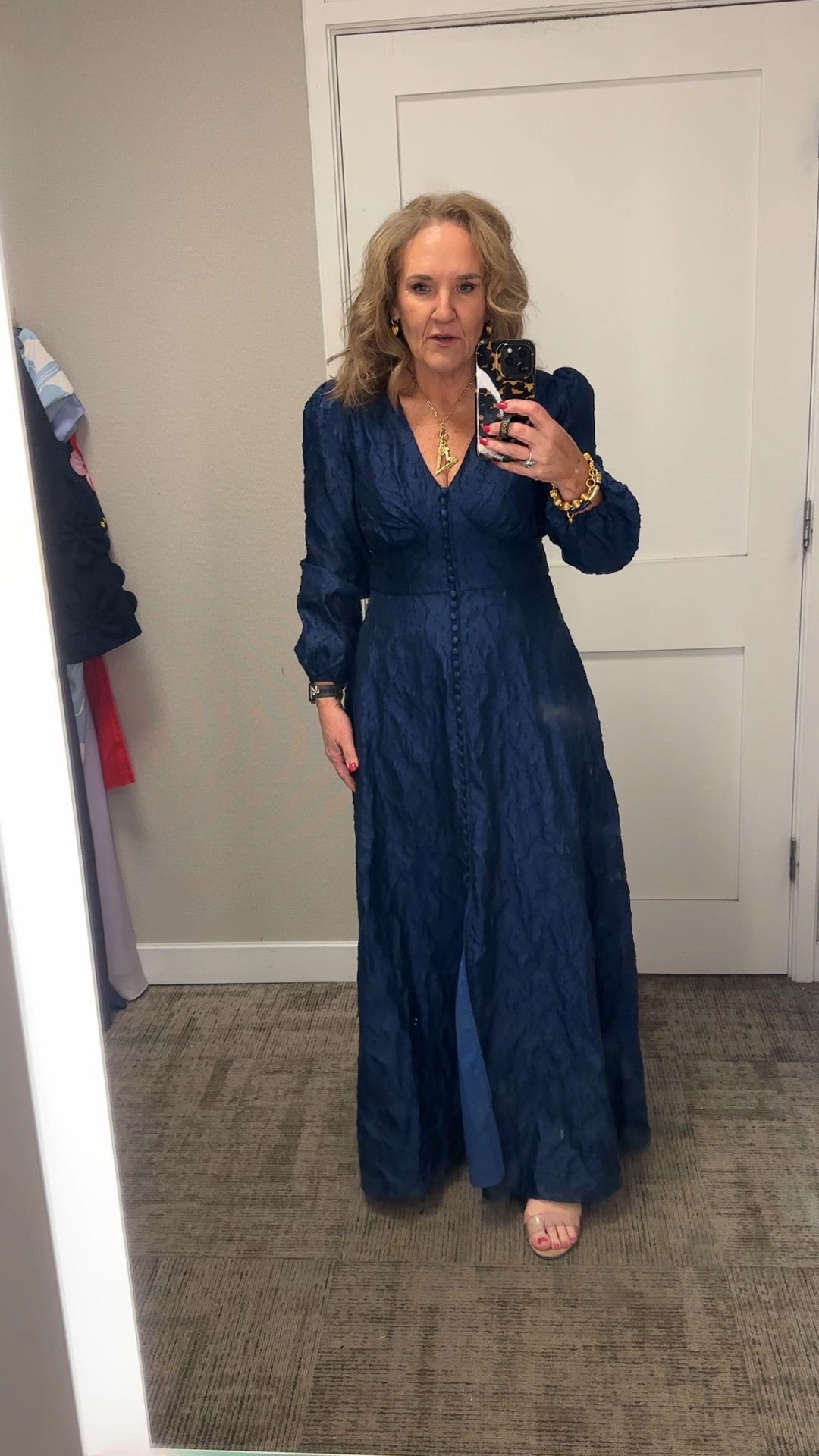 This dress is the same style as the pastel floral. I’m in a medium. The large is a better size for me. I’d order your larger size. 

It’s on sale. Perfect MOG MOB mother of the bride mother of the groom dress or gala formal dress. 

Dillards Abby glass navy formal dress black tie 

#LTKPetite #LTKSaleAlert #LTKWedding