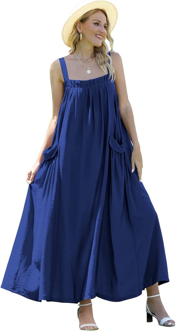 YESNO Maxi Dress for Women with Pockets Boho Summer Dress with Wide Adjustable Buttoned Strap E96 | Amazon (US)