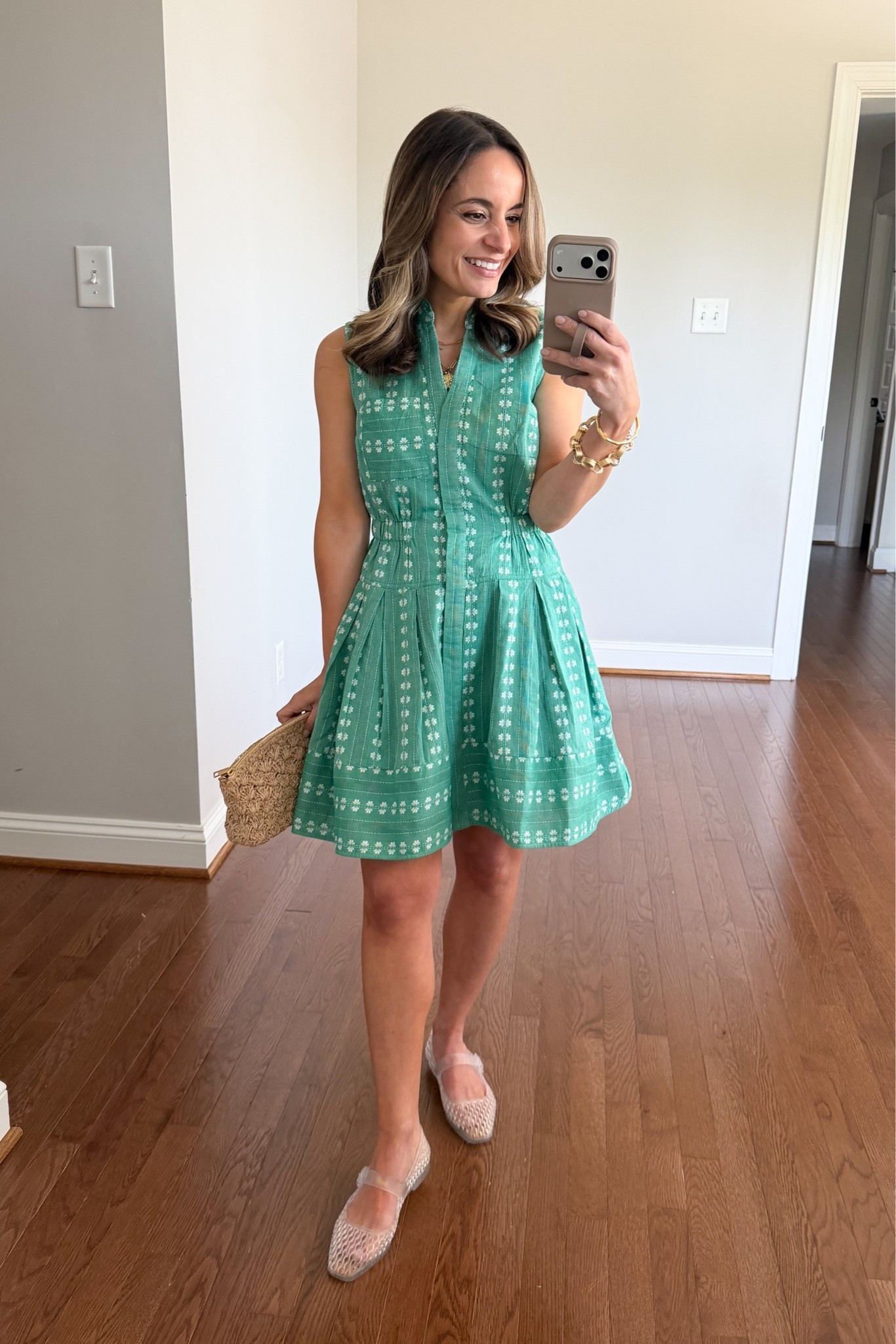 Officially on board with the jelly shoes trend! 

Found this pair at Sam Edelman that’s true to size in a size 5. Surprisingly comfortable as well! 

Dress: xxs - but pulls at my waist so consider sizing up 
Shoes: true to size