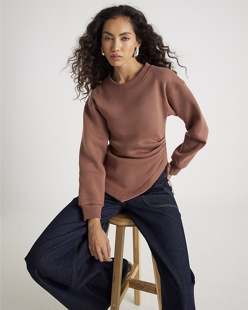 Brown Long Sleeve Draped Sweatshirt | River Island UK & IE
