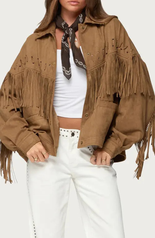 EDIKTED Evonka Fringe Faux Suede Jacket in Brown at Nordstrom, Size X-Small | Nordstrom