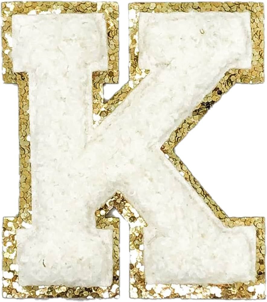 ZOOX White Varsity Glitter Letter Chenille Initial Patch Adhesive Sticker 2.25in Height (K) | Amazon (US)
