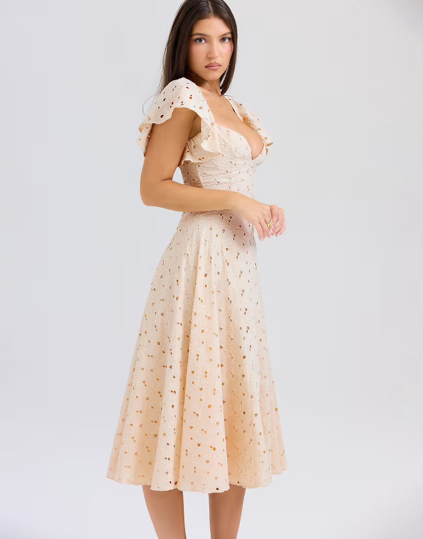 House of CB Amaya tea broderie anglais midi dress in cream-White | ASOS (Global)