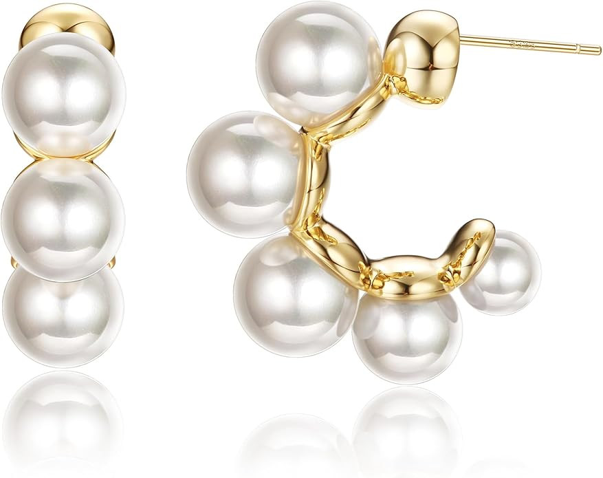 Dochais Pearl Hoop Earrings for Women, 14K Gold Plated Pearl Drop Earrings 925 Sterling Silver Go... | Amazon (US)