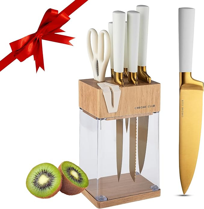 Stainless Steel White and Gold Knife Set with Block - 7 Piece Gold Kitchen Knife Set with Durable... | Amazon (US)