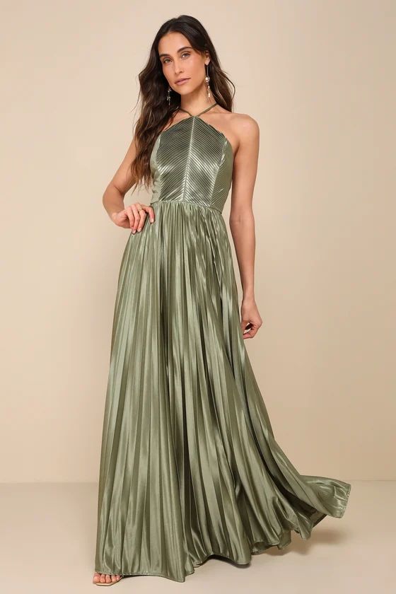 Elaborate Charm Olive Green Satin Pleated Backless Maxi Dress | Lulus