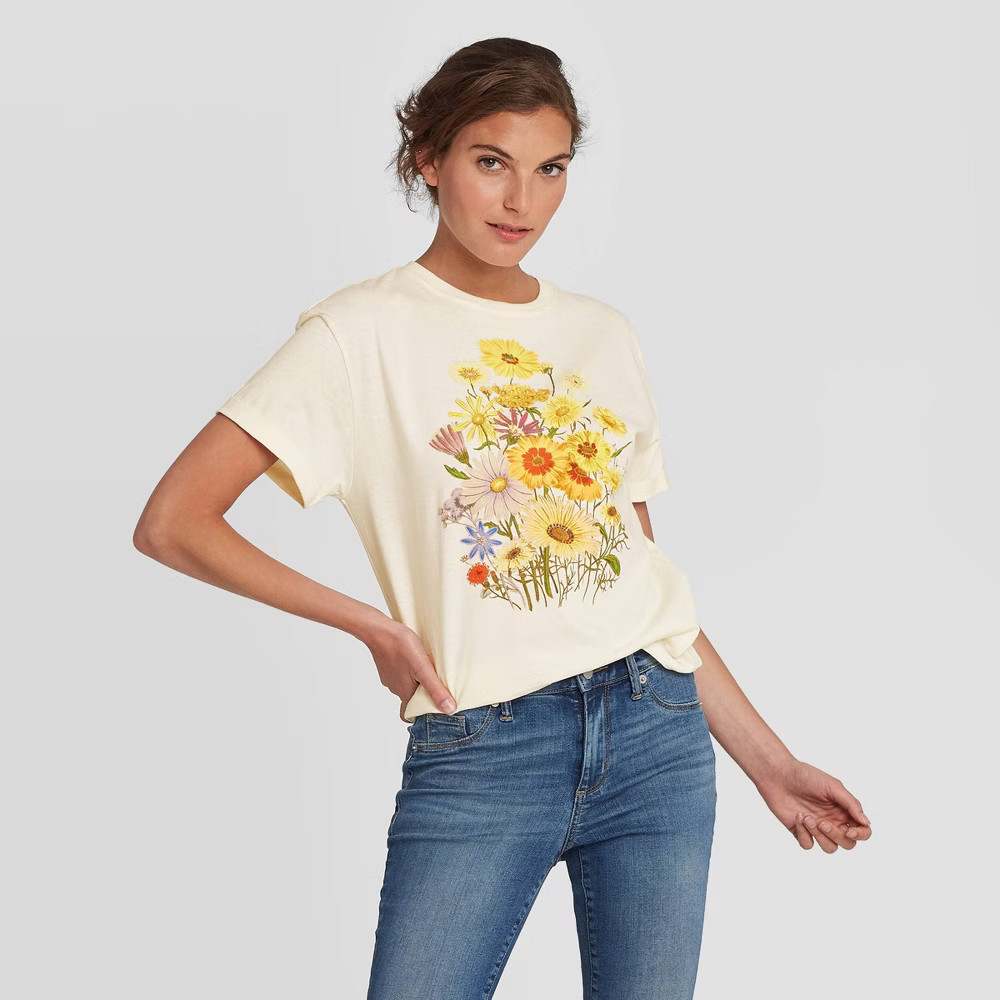 Woen's Floral Print Rolled-Cuff Short Sleeve Graphic T-Shirt - Fifth Sun (Juniors') - Crea | Target
