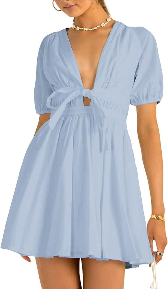 Women's Flared Tie Waist Short Puff Sleeve Brunch Mini Dress | Amazon (US)