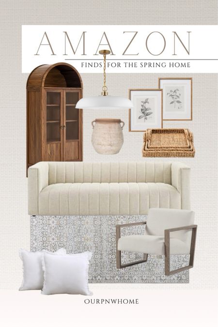 Recent spring home finds from Amazon!

Modern couch, off-white sofa, accent chair, modern furniture, modern traditional home, Amazon home, living room furniture, white throw pillows, ruffled accent pillows, arched cabinet, display cabinet, glass door cabinet, pendant lighting, botanical wall art, floral wall art, tan vase, woven tray, serving trays, decorative trays, spring decor, home decor, washable area rug, gray area rug

#LTKStyleTip #LTKSeasonal #LTKHome