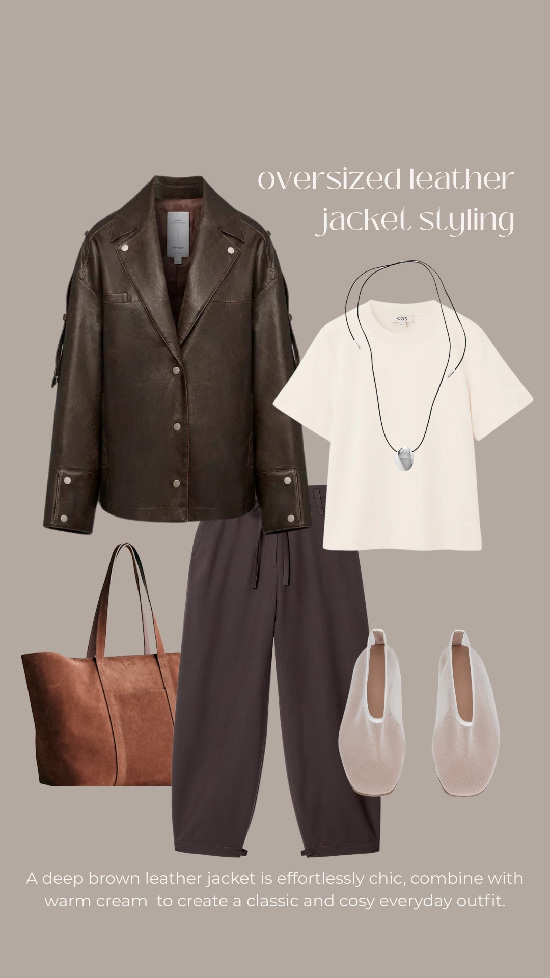 Oversize leather jacket - brown leather jacket - spring jacket - cream t-shirt - COS - Fabrique - Sezane suede gabin bag - brown suede bag - mesh flats - ballet flats - barrel leg trousers - COS trousers - brown trousers - pendant - statement jewellery - minimal style - effortlessly chic 

#LTKstyletip #LTKAprilSpotlight #LTKuk