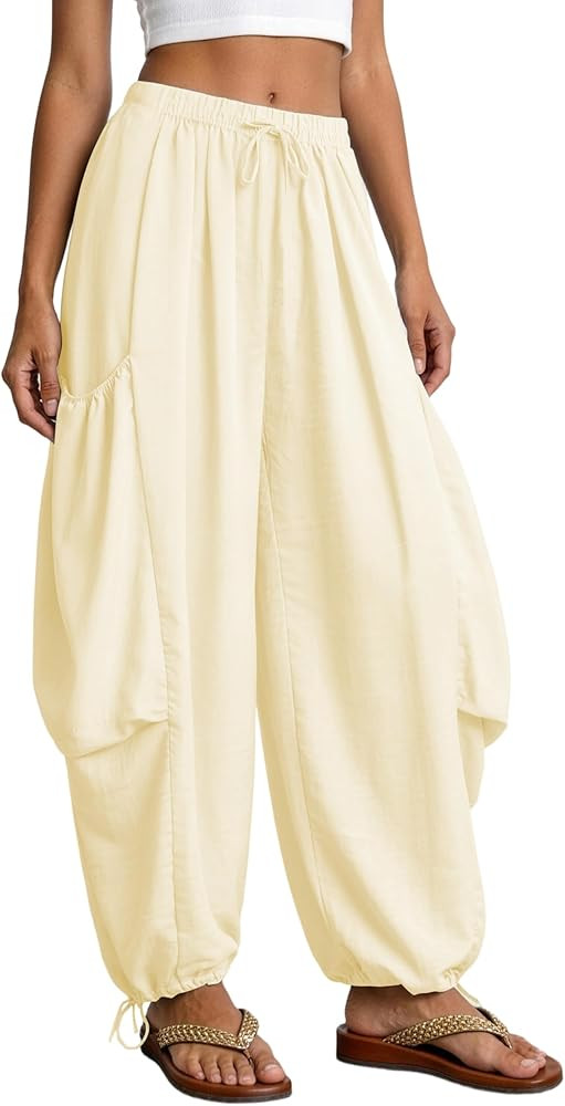 Beach Pants for Women with Drawstring Boho Baggy Palazzo Versatile Gauze Harem Pant with Pockets ... | Amazon (US)