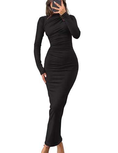 ZESICA Women's Fall 2025 Long Sleeve Bodycon Maxi Dresses Sexy Ruched Crew Neck Slim Fit Cocktail Party Dress,Black,Small | Amazon (US)