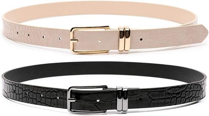 MORELESS Women's PU Leather Belt, Waist Skinny Dress Belts, Solid Pin Buckle Belt for Jeans Pants | Amazon (US)