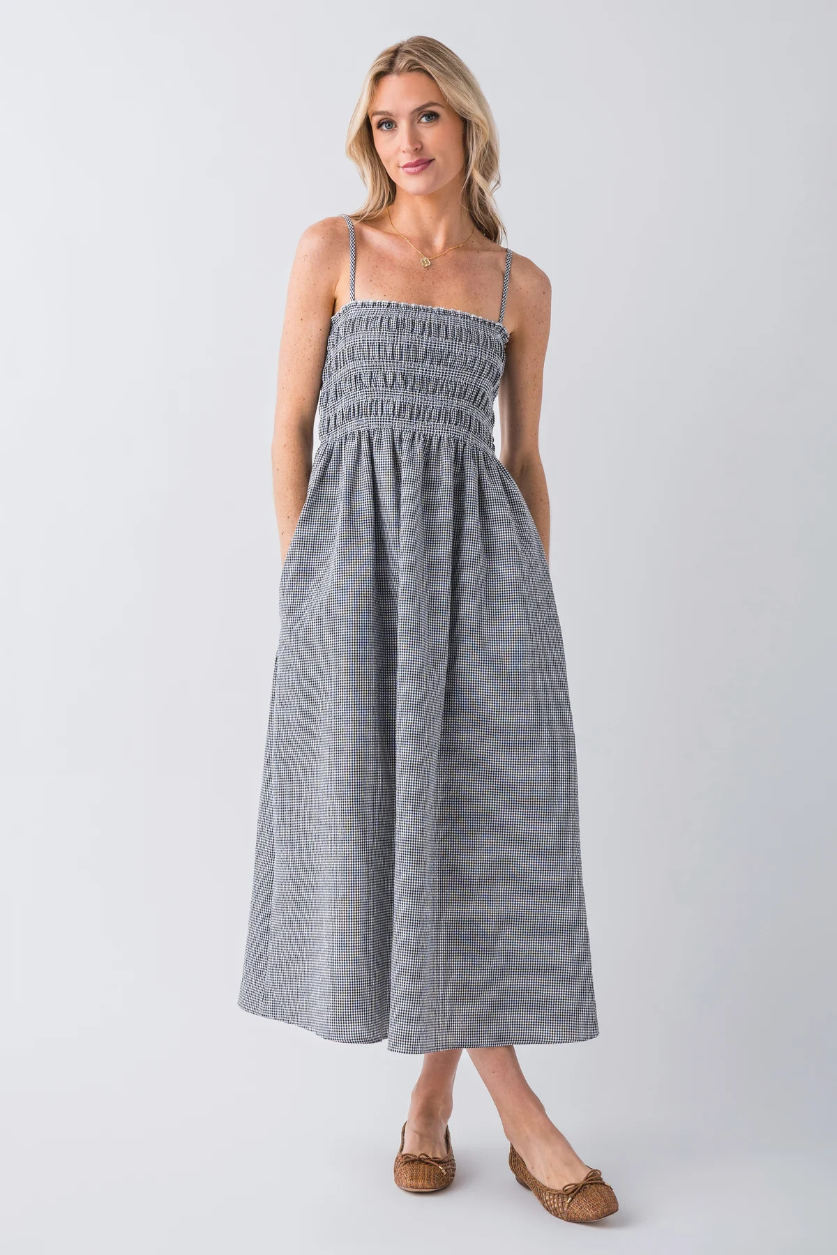 Elan Gingham Smocked Bodice Spaghetti Strap Midi Dress | Social Threads