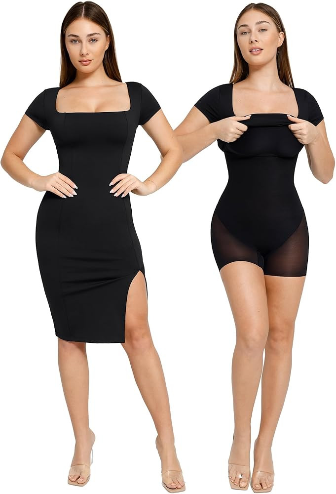 Popilush Shapewear Dress Shaper Formal Midi Work Dress for Women Square Neck Short Sleeve Slit Dr... | Amazon (US)