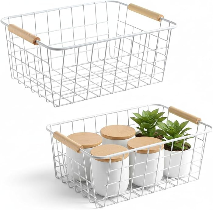 Metal White Wire Basket,Food Storage Organizer with Wooden Handles, pantry organizers and storage... | Amazon (US)