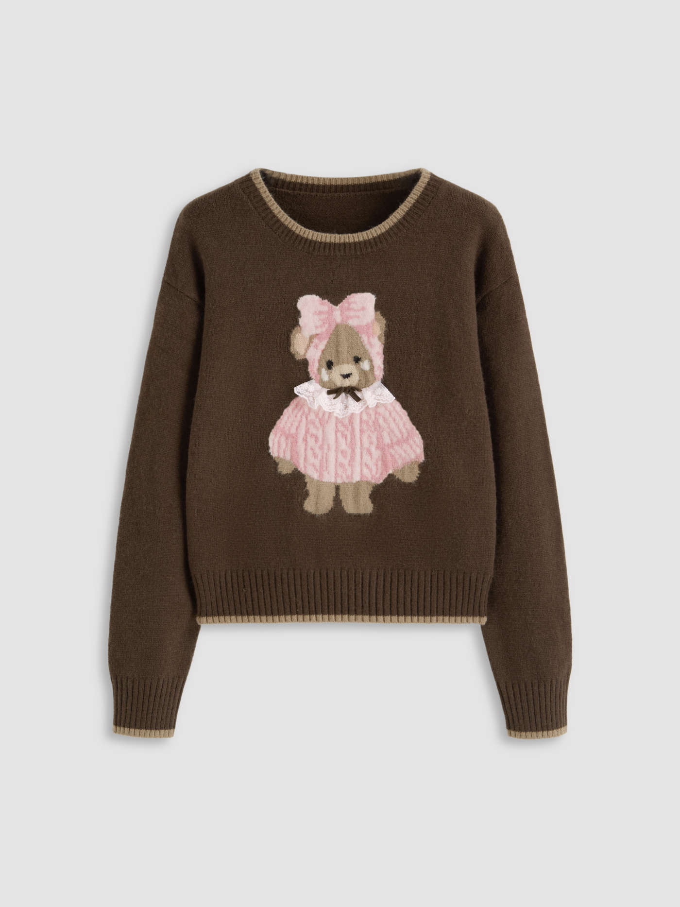 Knit Round Neckline Bear Contrasting Binding Sweater | Cider