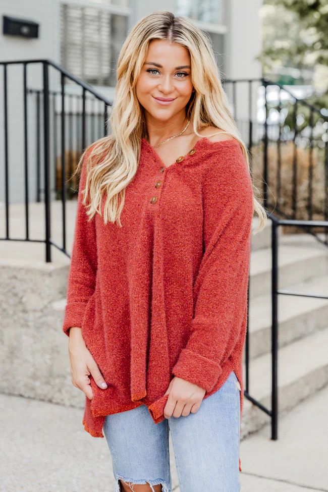 Thinking Of You Rust Fuzzy Henley Blouse | Pink Lily