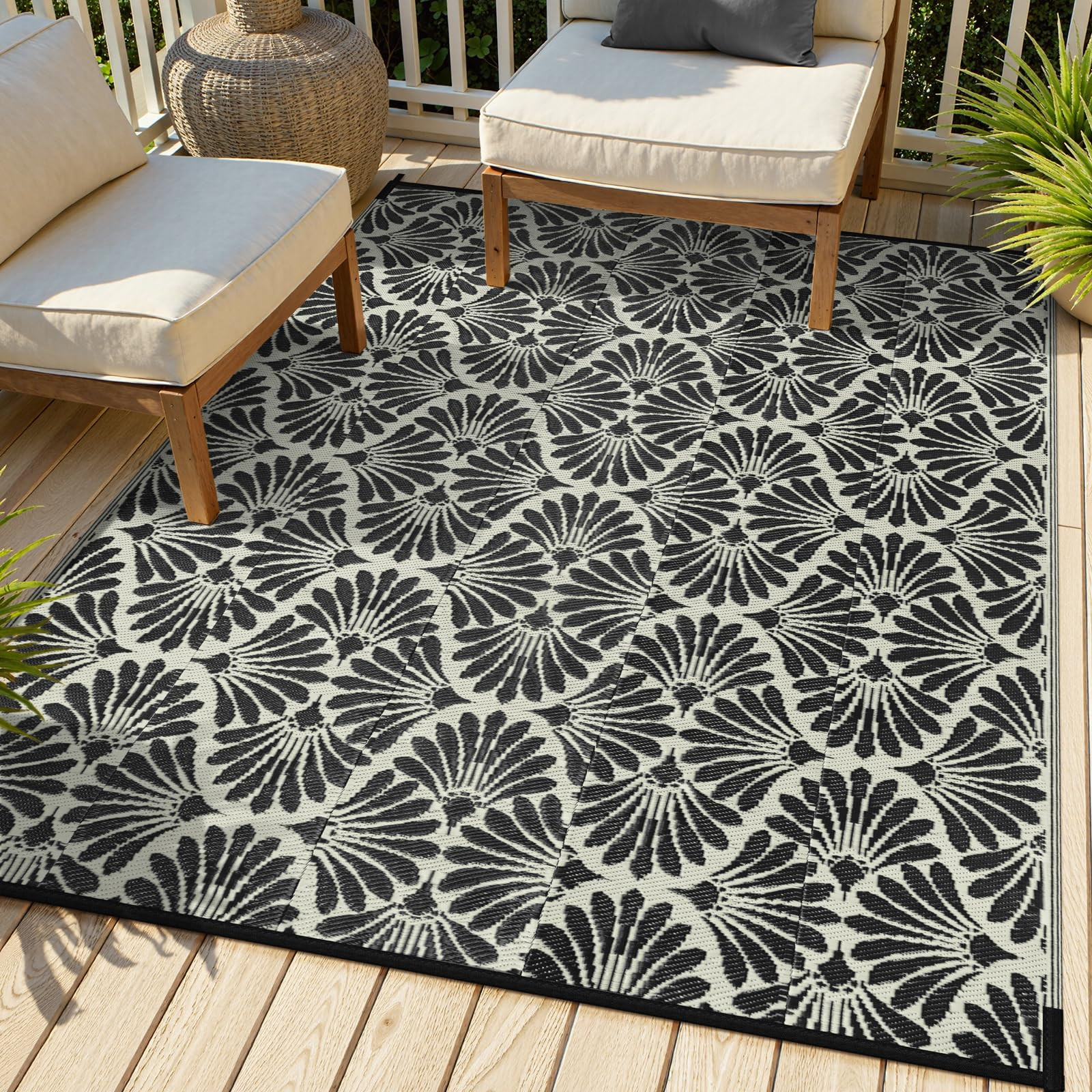 Lahome Outdoor Rug Patio Waterproof 6x9, Black Outdoor Plastic Straw Rug for Porch, Portable Ligh... | Amazon (US)
