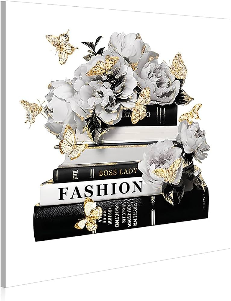 Dream Land Fashion Books Flower Wall Art: Black White Book Stack Picture 12"x12" Glam Gold Foils ... | Amazon (US)