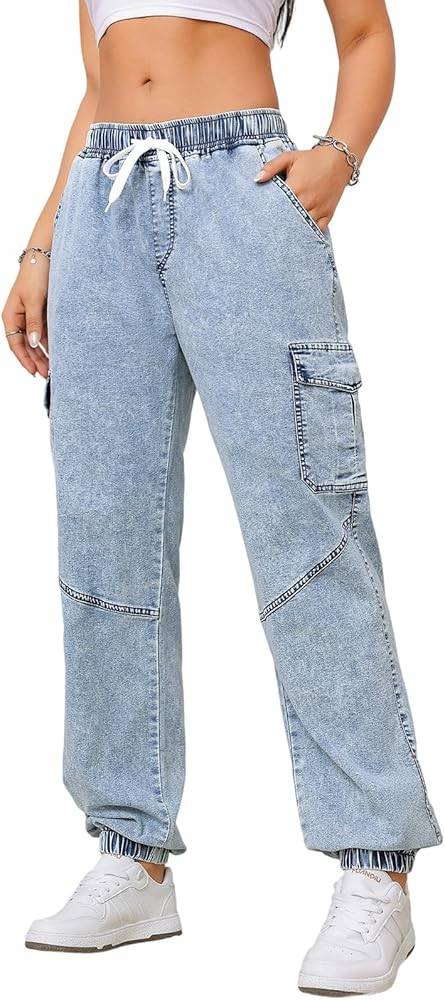 Jean Joggers for Women Elastic Waist Cargo Jeans Stretch Loose Baggy Denim Pants with Drawstring | Amazon (US)