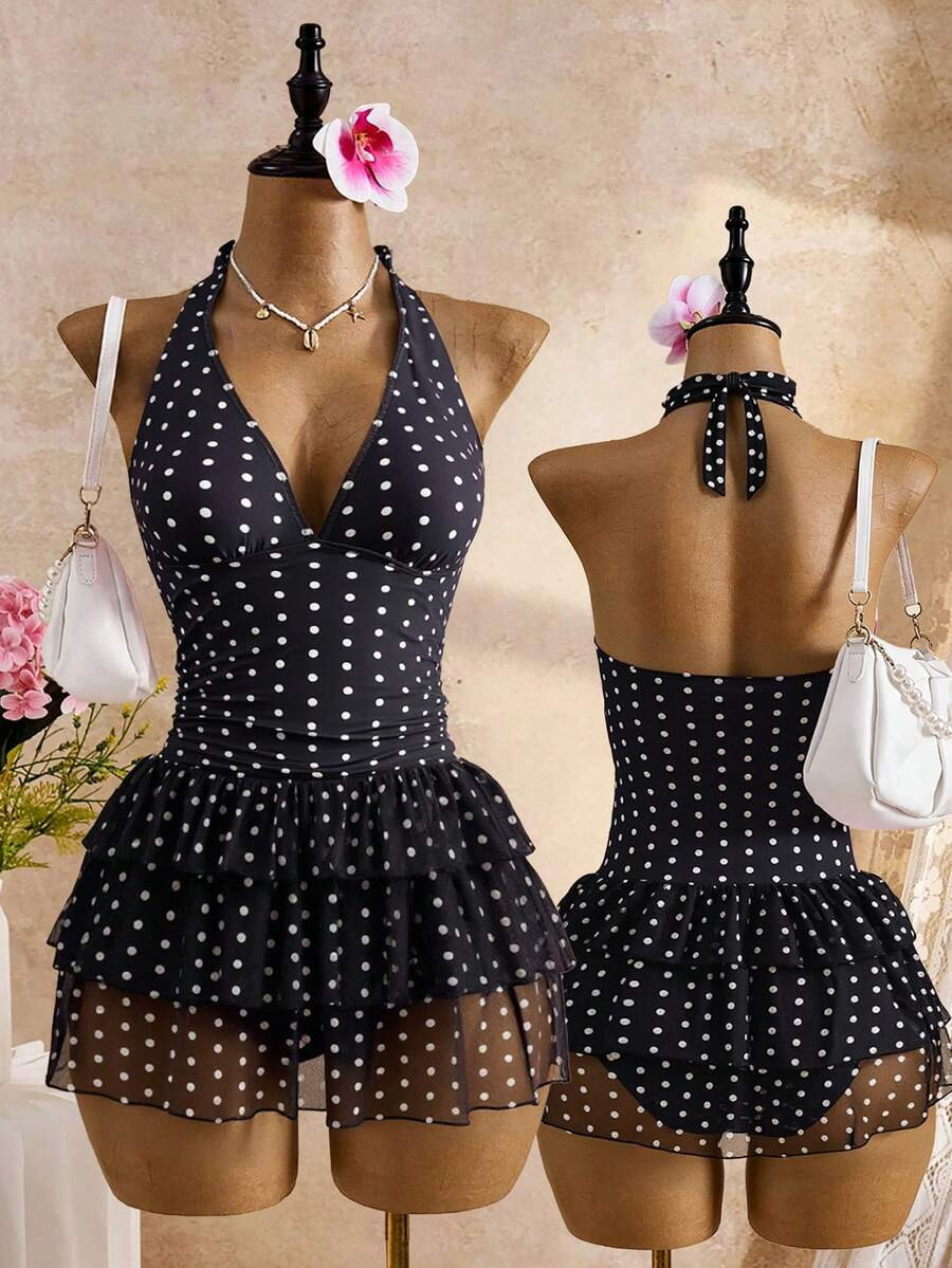 Bellisia Stylish Halter Neck Polka Dot Swim Dress For Women Black And White Geometric Pattern Sle... | SHEIN