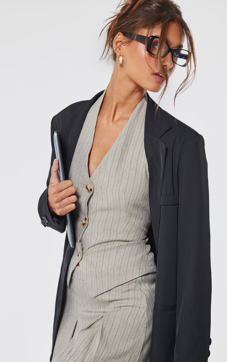 Taupe Tailored Woven Herringbone Halterneck Top | PrettyLittleThing UK