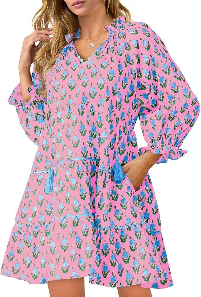 Wenrine Womens Casual Mini Dress Long Sleeve Floral Ruffle V Neck Fall Loose Boho Babydoll Dresse... | Amazon (US)
