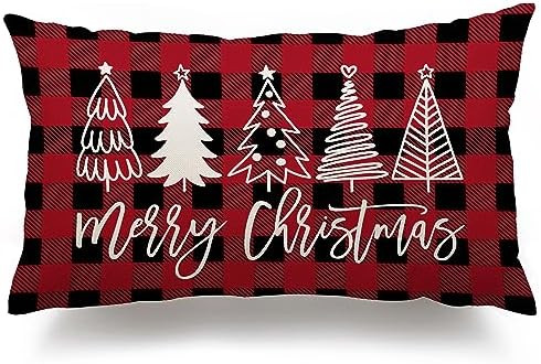 DFXSZ Christmas Pillow Covers 12x20 Inch Tree Merry Decorative Red Black Plaid Throw Pillows Wint... | Amazon (US)