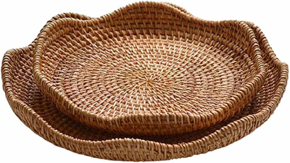 Hand-Woven Rattan Fruit Tray Storage Bread Basket Serving Tray Home Decoration Food Serving Platt... | Amazon (US)