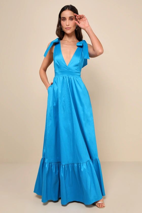 Rare Charm Teal Blue Taffeta Tie-Strap Maxi Dress With Pockets | Lulus