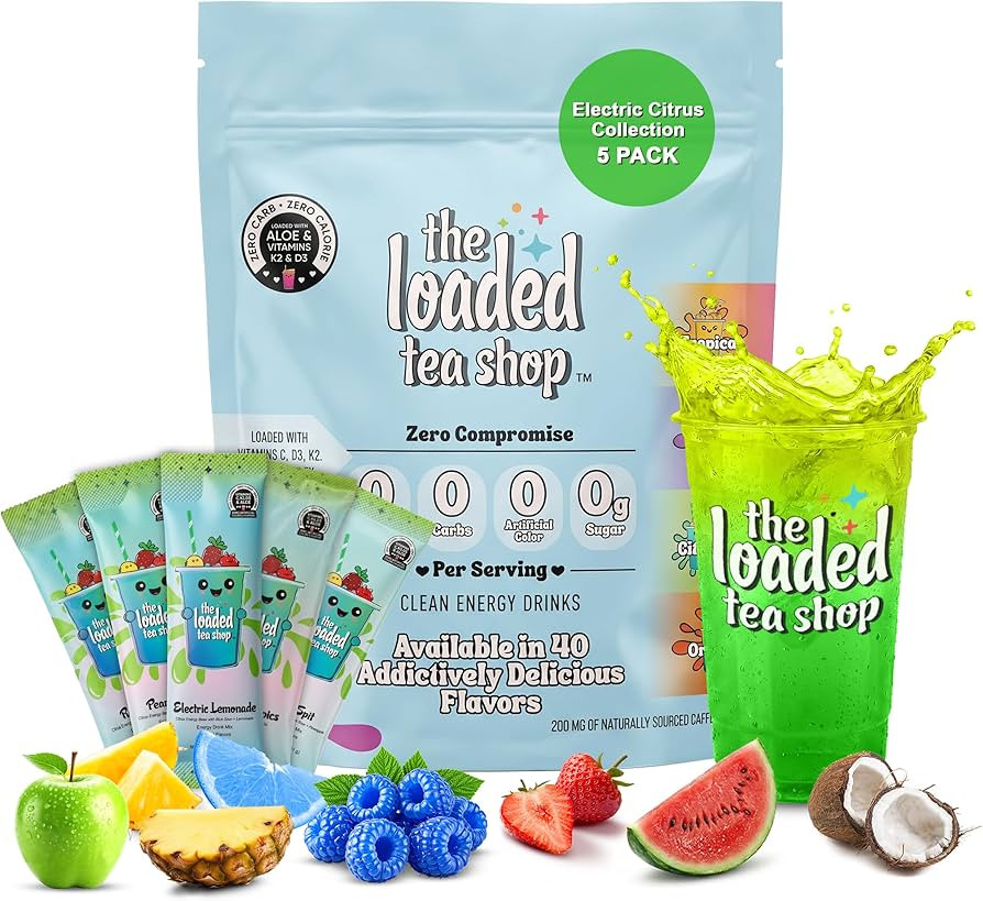 The Loaded Tea Shop Energy Drink Mix Sticks, Electric Citrus Collection 5 Pack, Sugar-Free, Zero ... | Amazon (US)