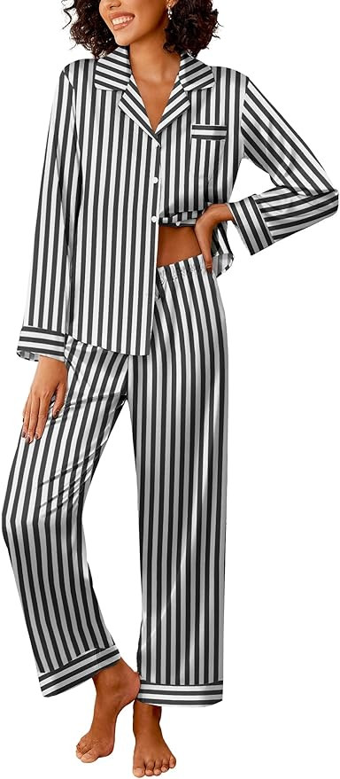 Ekouaer Womens Silk Satin Pajama Sets 2 Piece Sleepwear Pjs Set Long Sleeve Button Down Top and P... | Amazon (US)
