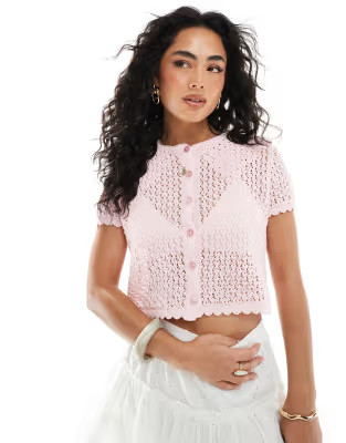 Miss Selfridge knitted pointelle short sleeve cardigan in pink | ASOS (Global)