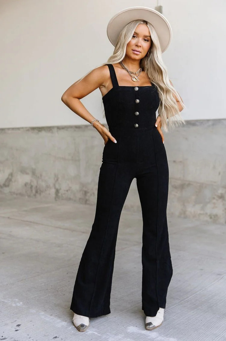 Black Corduroy Button Front Jumpsuit | Salem Jumpsuit - Black | Mindy Mae's Market