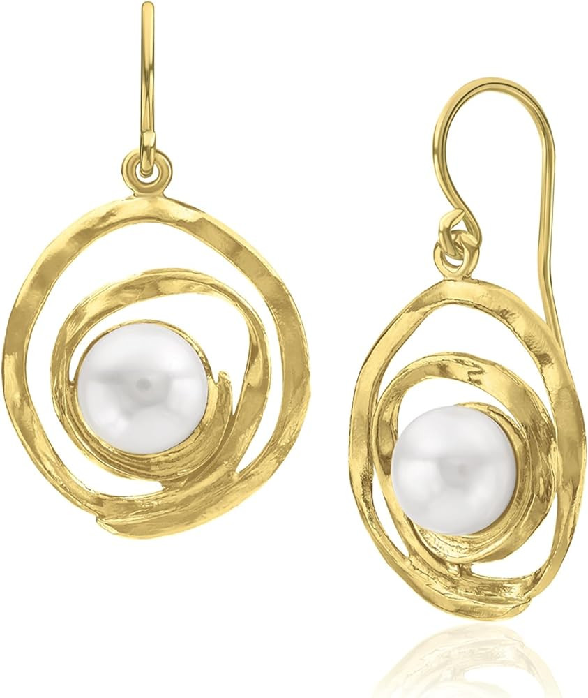 14K Gold Over Sterling Silver With Pearl Wire Wrap Statement Earrings, Dangle Earrings, Gold Earr... | Amazon (US)