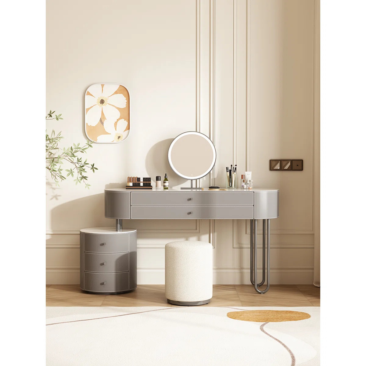 Jahnea Vanity-Elegant Set: Saddle Leather-Finished Top Vanity Table & Stool, Stainless Steel Supp... | Wayfair North America