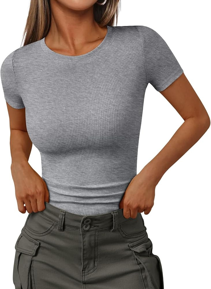 Trendy Queen Womens Short Sleeve Shirts Crewneck Ribbed Knit Slim Fitted T-Shirt Summer Basic Tee... | Amazon (US)
