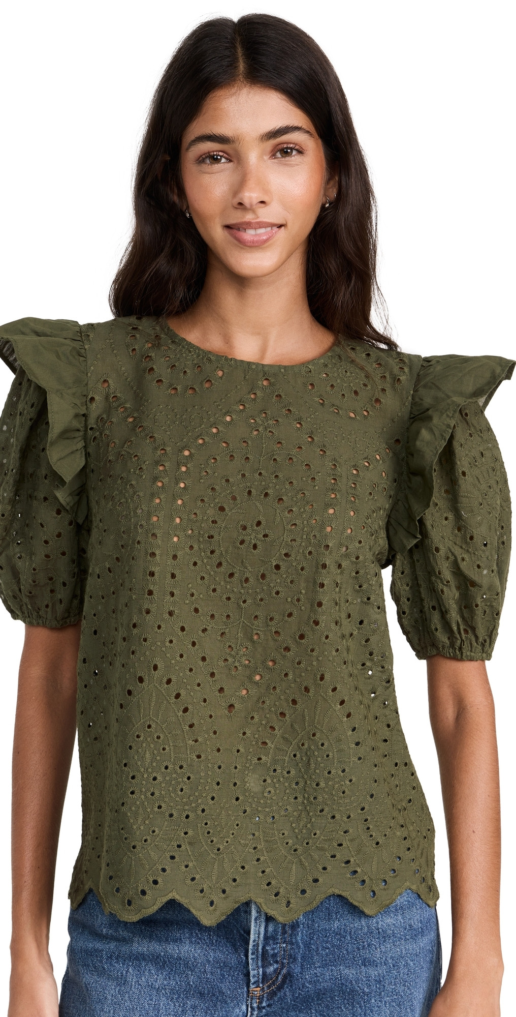 English Factory Ruffle Sleeve Eyelet Top Olive Green S | Shopbop