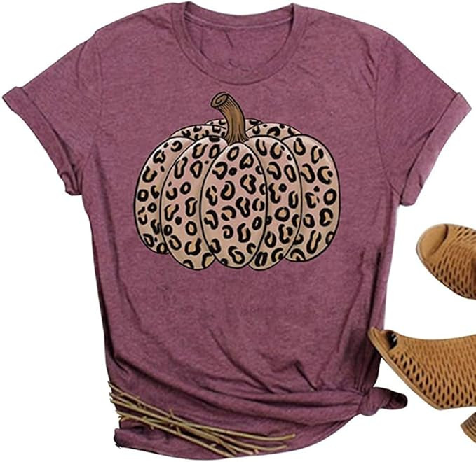 Woffccrd Womens Funny Leopard Pumpkin Printed Shirts Halloween Short Sleeve Graphic Tees Fall T-S... | Amazon (US)