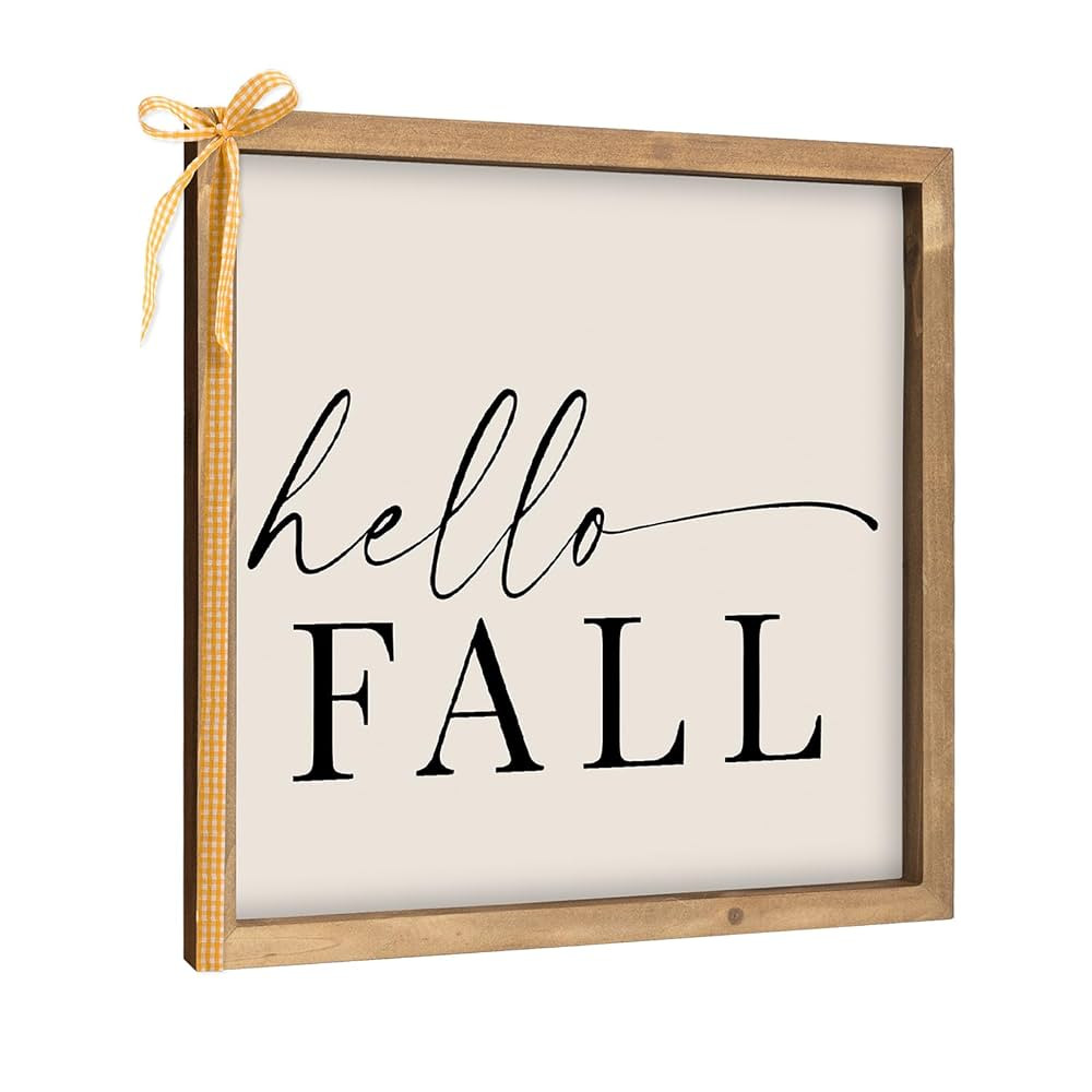 Wooden Hello Fall Sign, 11.8 Inch Autumn Decorative Signage Plaques Decor, Indoor Wall Art Framed... | Amazon (US)