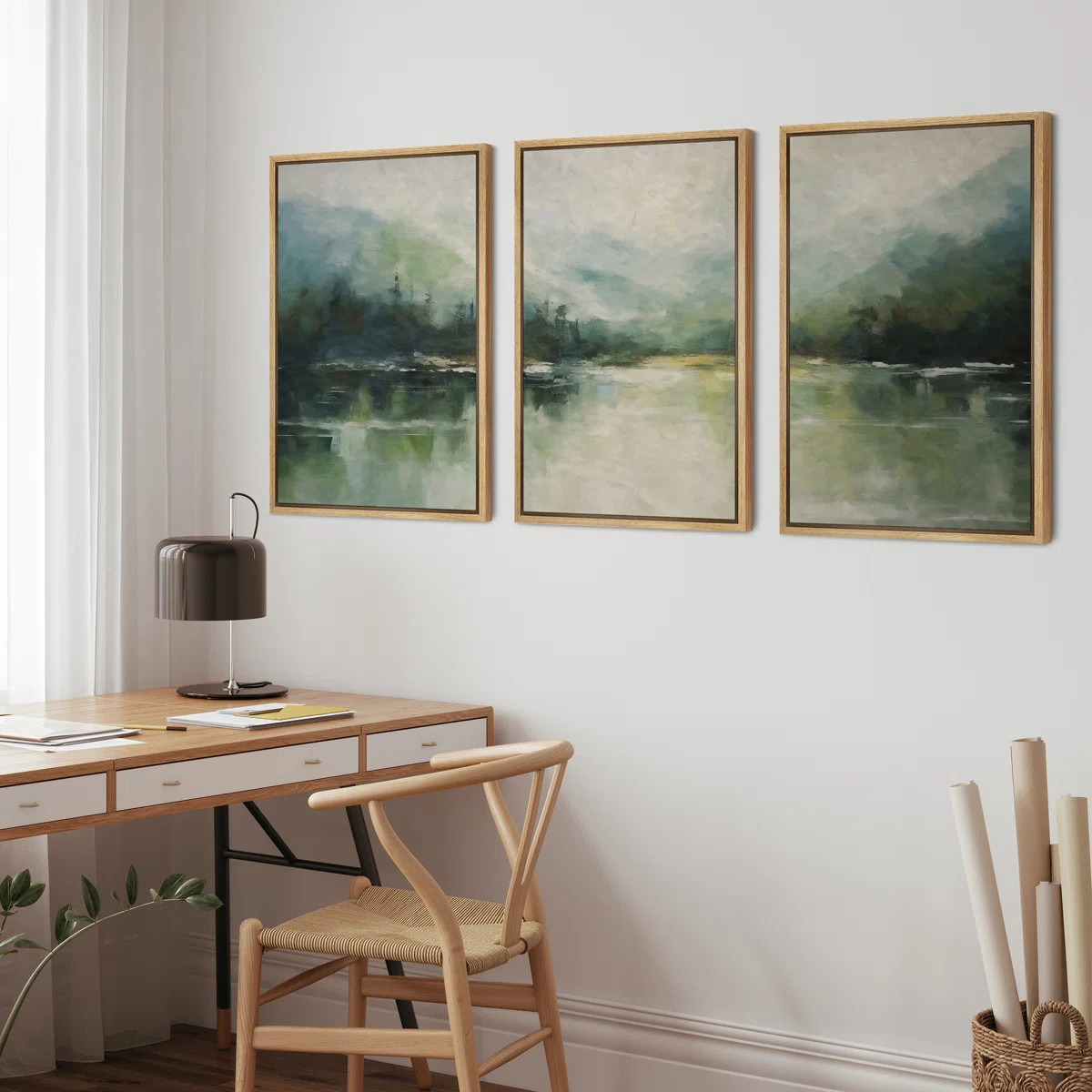 Abstract Landscape Faux Texture Emerald Green Mountain Lake Framed Canvas 3 Pieces Print Wall Art | Wayfair North America