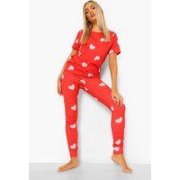 Womens All Over Heart Print Pj Set - Red - 14, Red | Boohoo.com (UK & IE)