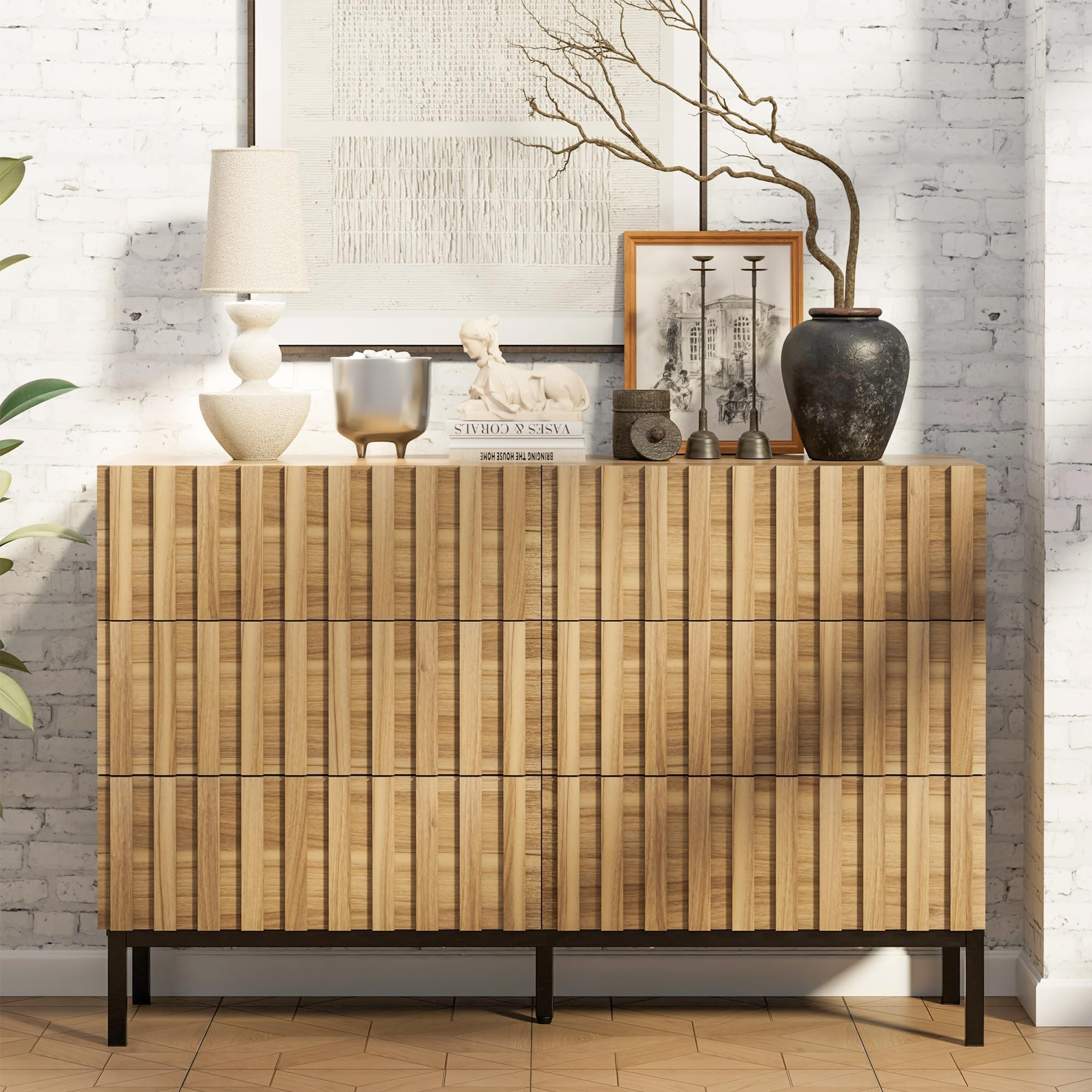 UEV Fluted 6 Drawer Dresser with Metal Stand, Mid Century Modern Dresser,Wood Dresser for Bedroom,Accent Chest of Drawers for Bedroom,Living Room,Hallway | Amazon (US)