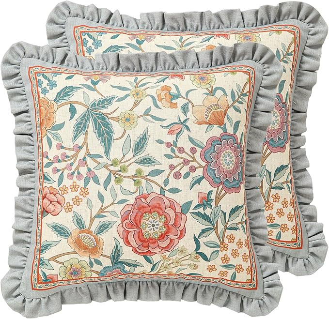 Floral Throw Pillow Covers Set of 2,Cottage Rustic with Blooming Flower Pattern Linen Pillowcases... | Amazon (US)