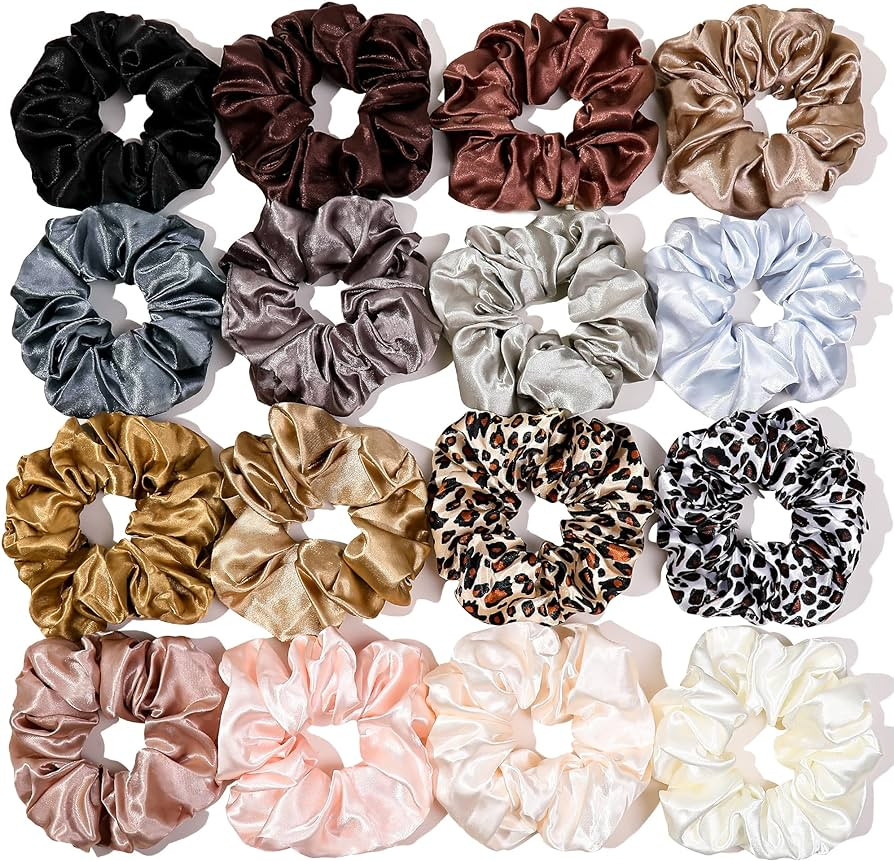 16 Scrunchies for Women - Satin Hair Ties and Bands, Big Ponytail Holders for Thick, Curly Hair, ... | Amazon (US)