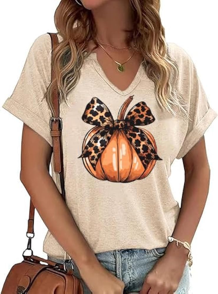 V Neck Fall Shirts for Women Pumpkin Graphic T Shirts Cute Halloween Tops Thanksgiving Tee | Amazon (US)