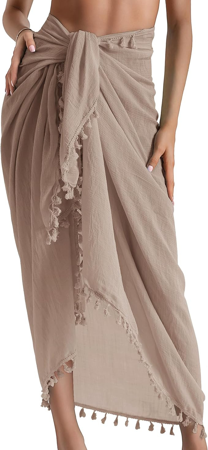 Eicolorte Beach Sarong Pareo Womens Semi-Sheer Swimwear Cover Ups Short Skirt with Tassels | Amazon (US)