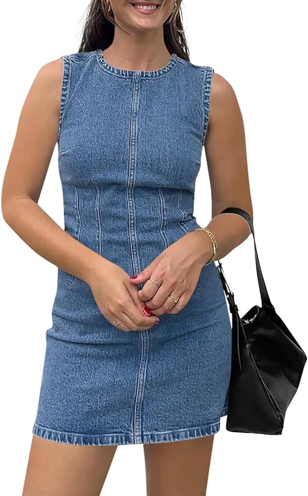 Wenrine Womens Denim Mini Dress Casual Sleeveless Crewneck Summer Jean Tank Dresses | Amazon (US)